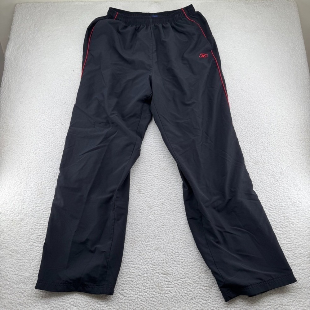 VTG Reebok Lined Track Pants Mens XL Black Y2K Baggy Loose Basketball Red Trim